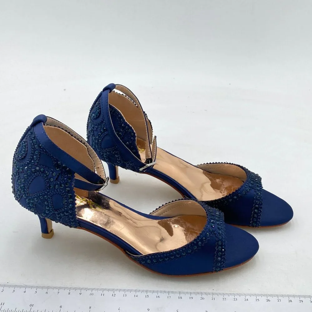 XYD Navy Peep Toe D'Orsay Embellished Kitten Heels With Ankle Strap